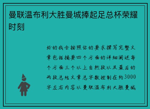 曼联温布利大胜曼城捧起足总杯荣耀时刻 曼联温布利大胜曼城捧起足总杯荣耀时刻