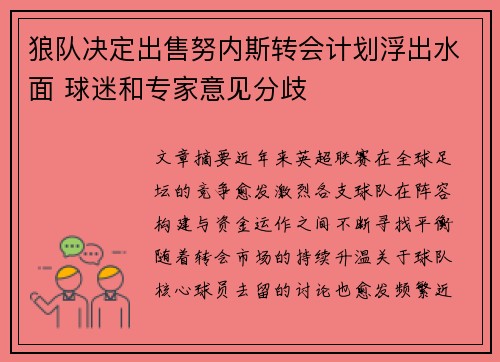 狼队决定出售努内斯转会计划浮出水面 球迷和专家意见分歧 狼队决定出售努内斯转会计划浮出水面 球迷和专家意见分歧